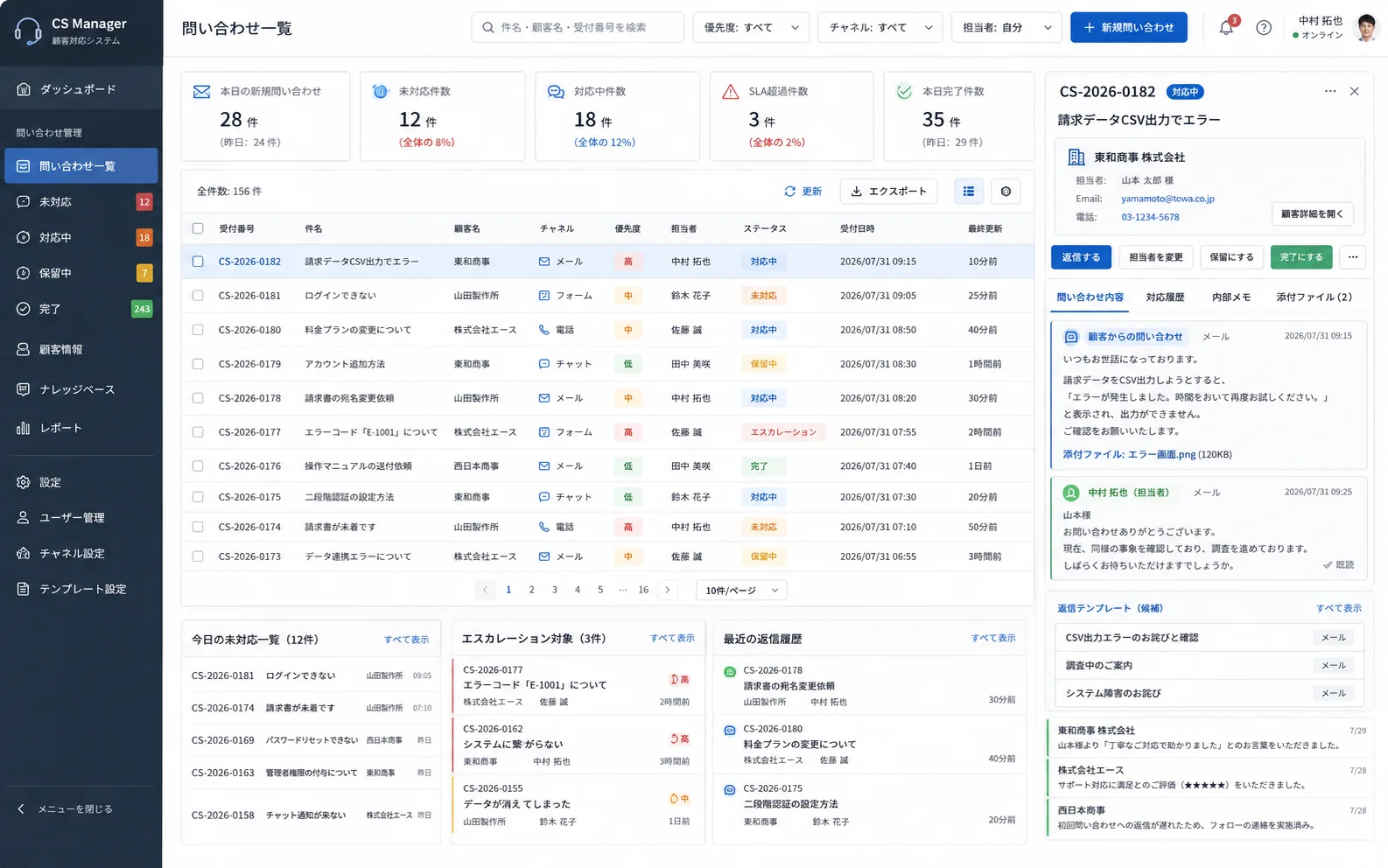 問い合わせ・顧客サポート管理システムの実画面