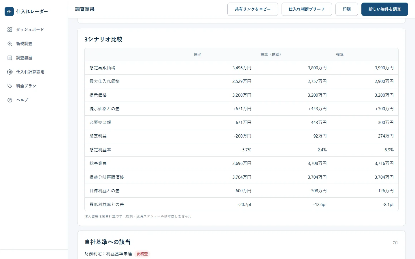 不動産仕入れ判定システムの実画面 3