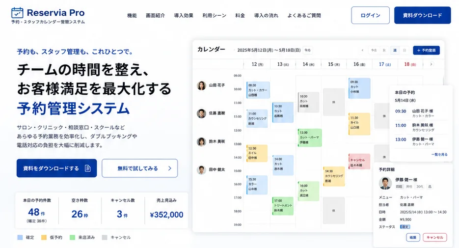 予約管理システムReservia Proのスタッフ別週次カレンダー画面