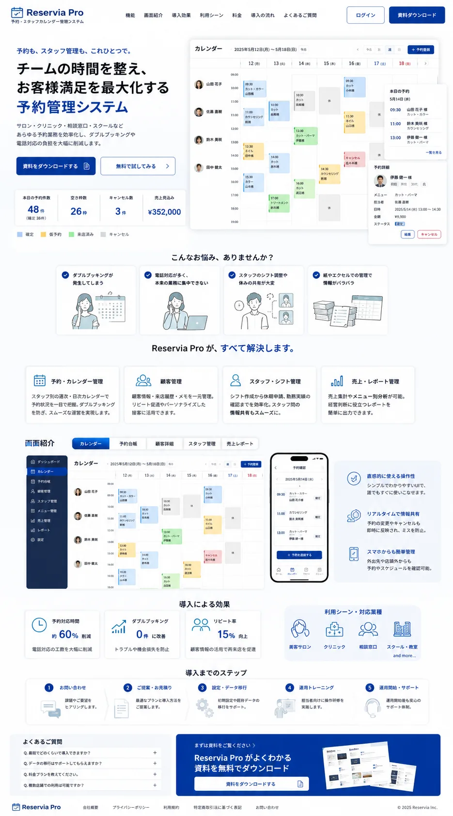 予約管理システムReservia Proのスタッフ別週次カレンダー画面